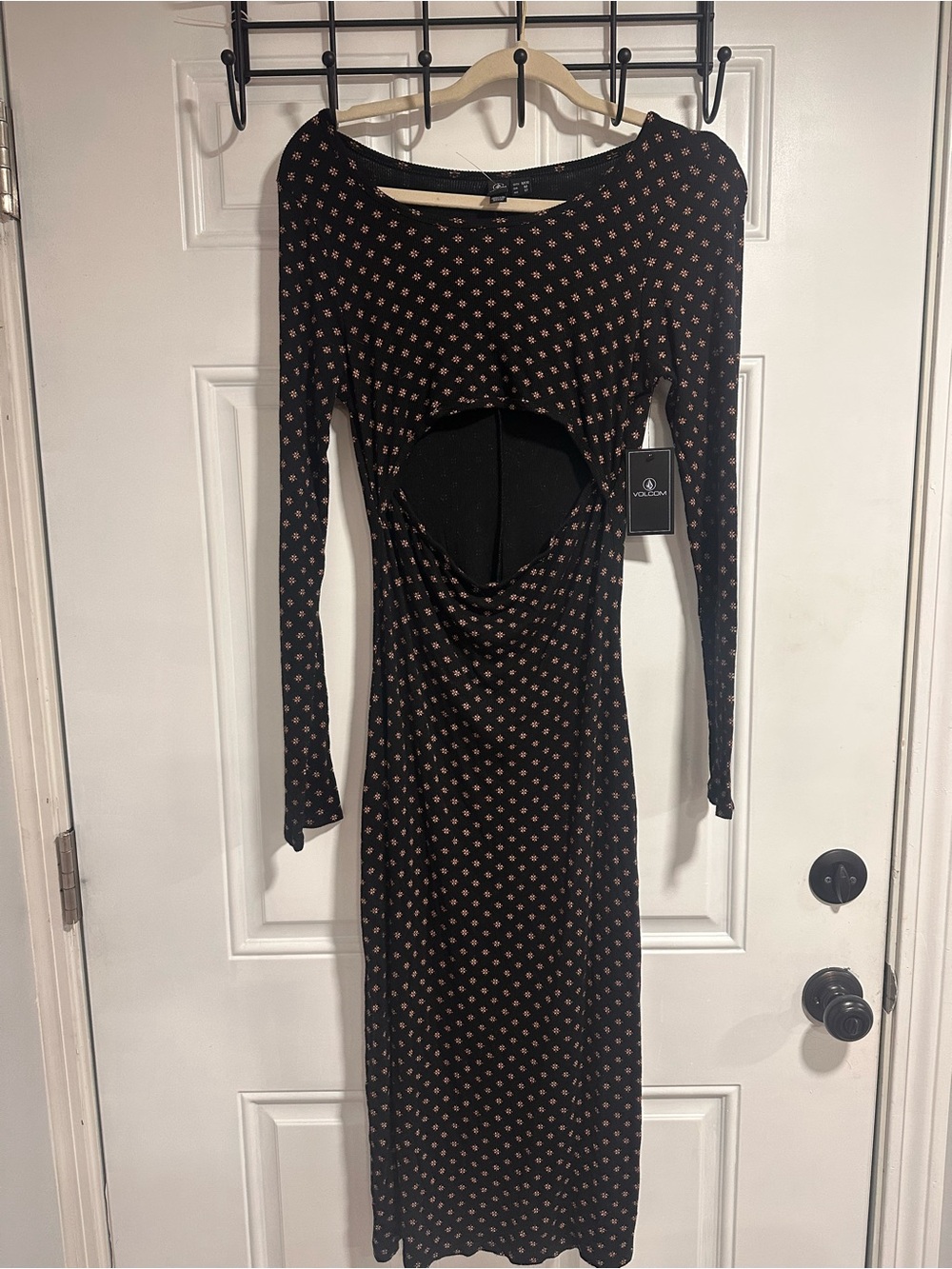 Volcom Black Long Sleeve Midi Dress with Pink Dot Print and Front Cutout